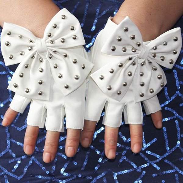 

2018 big bow rivet half finger gloves imitation leather gloves pu women' nightclub stage performance, Blue;gray