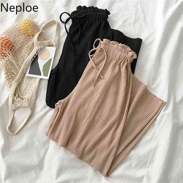 

neploe pants women solid fashion lace up stretch high waist ladies trousers spring new casual wide leg pants femme 1b982 210423, Black;white