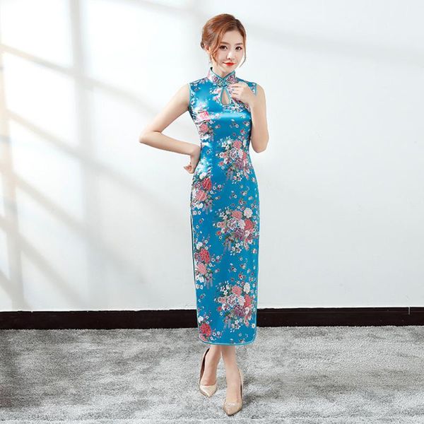 

casual dresses women bodycon chinese traditional cherry blossoms long cheongsam silk satin dress summer floral pencil, Black;gray