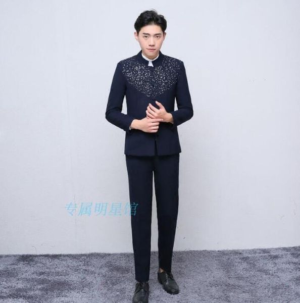 

chinese tunic suit men suits designs homme terno stage costumes for singers blazer dance clothes jacket stand collar black men's & blaz, White;black