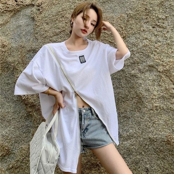 

women's t-shirt summer 2021 fashion versatile personality zipper split length loose white short sleeve for women[delivery within