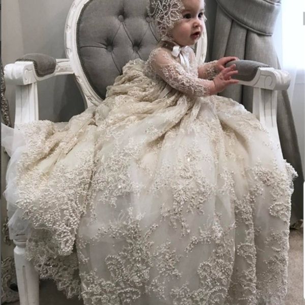 

girl's luxury white ivory gown lace pearls baby girls baptism dresses toddler infant christening dress with bonnet q1116, Red;yellow