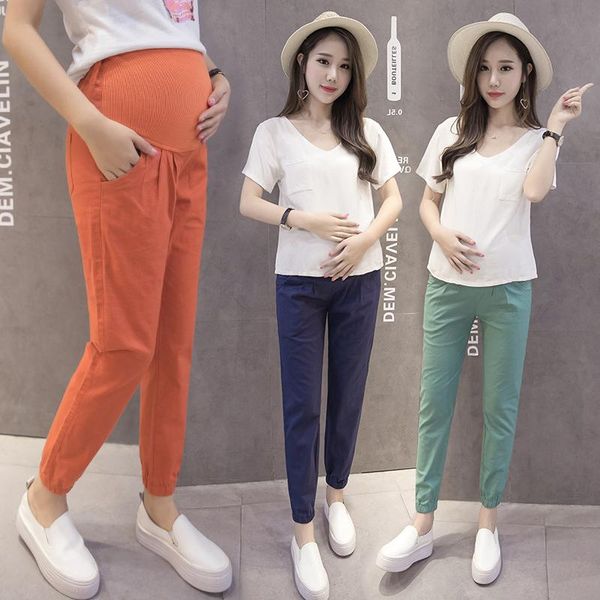 

spring summer cotton linen maternity long pants elastic waist ruching belly clothes for pregnant women pregnancy bottoms, White