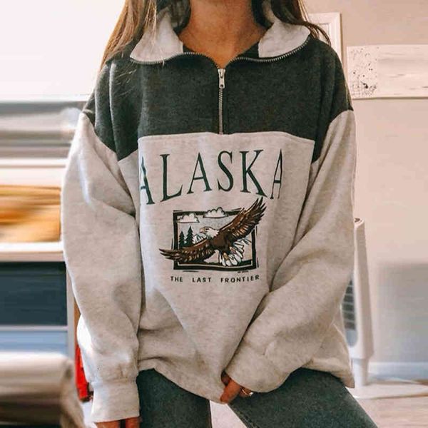 

women's hoodies & sweatshirts loose pullover long sleeve zipper streetwear vintage stylish panelled letter print eagle girls sweatshirt, Black