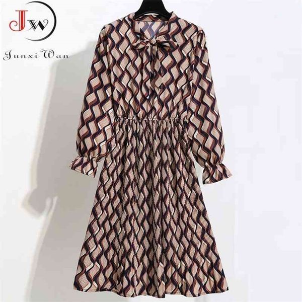 

women casual autumn winter dress long sleeve bow collar lady korean style vintage floral printed chiffon shirt long dresses 210409, Black;gray