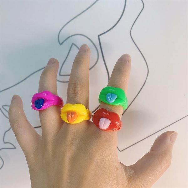 

cluster rings fashion funny colorful lips tongue resin acrylic finger cartoon geometric ring for women girls party jewelry gift, Golden;silver