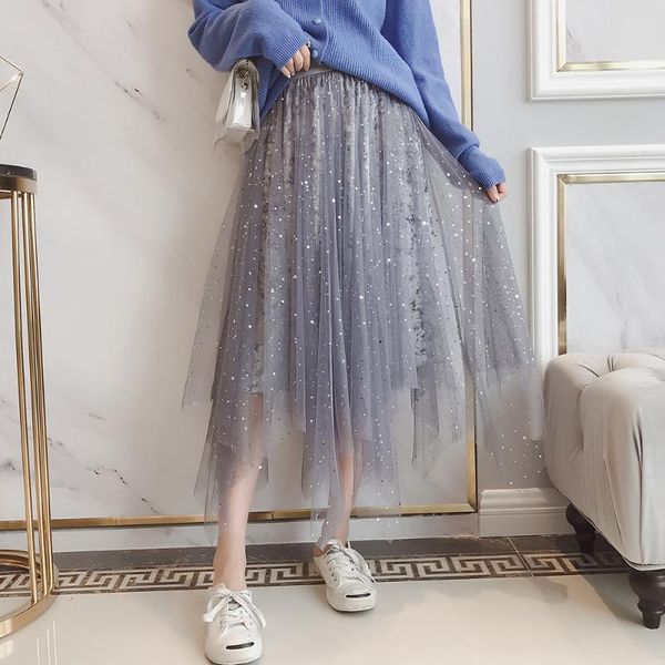 

skirts autumn starry tulle velvet patchwork a-line irregular long skirt elastic high low galaxy mesh mid calf pleuche pleated, Black