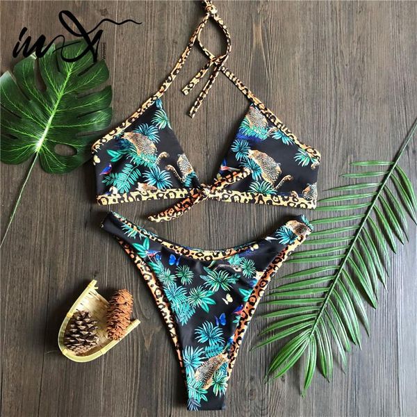 

in-x leopard print bikinis 2021 mujer halter swimsuit female leave swimwear women bathing suit swimming women's, White;black