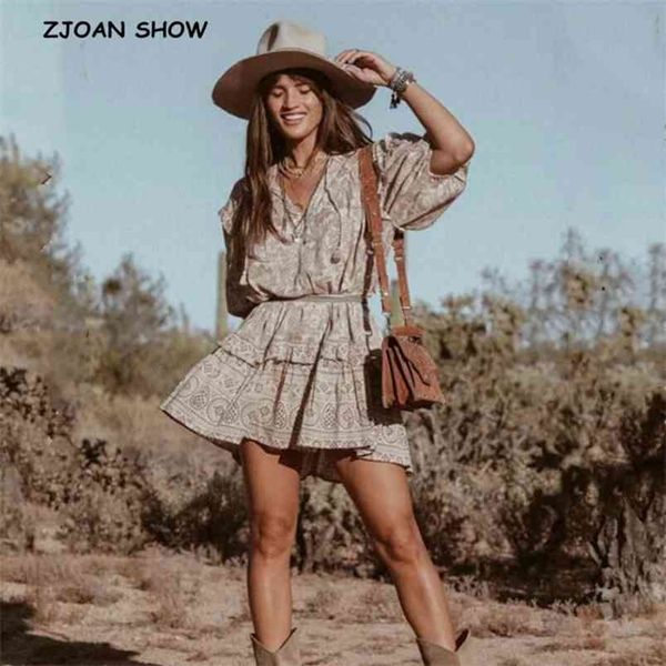 

ruffles wood ear floral print women bohemian dress vintage v neck strappy half sleeve boho dresses holiday femme vestido 210429, Black;gray