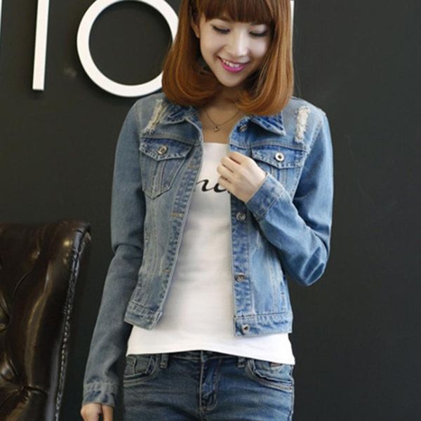 

jacket plus size spring and autumn denim women solid color long-sleeved short korean hole women's jackets, Black;brown