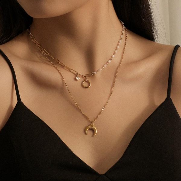 

pendant necklaces fashion designs stainless steel handmade crystal bead chain necklace double titanium circle moon women, Silver