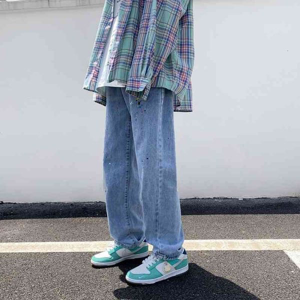 

men's jeans summer wide-leg fashion baggy blue splash ink men streetwear loose hip-hop straight-leg denim trousers mens d8b2