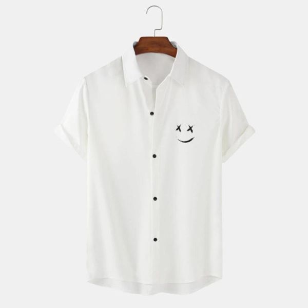 

men's casual shirts white smile graphic short sleeve social men 2021 with button, White;black