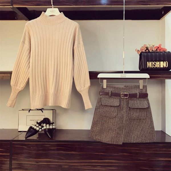 

two piece dress oshangchaopin women warm pullover +high waist pockets tweed skirt with belt female clothing set arrive, White