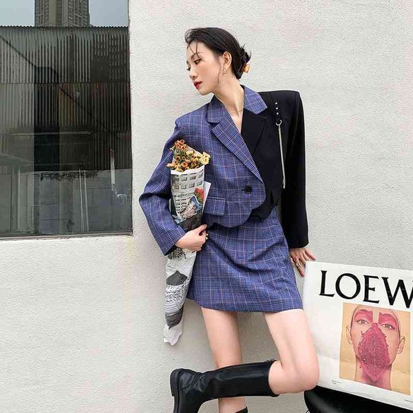 

women's suits & blazers autumn plaid cropped patchwork single button jaket coat fashion suit women set streetwear d1mb, White;black