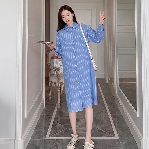 

8630# maternity clothes stripe turn down collar button long sleeves easy matching loose stylish dress pregnant women mom dresses, White