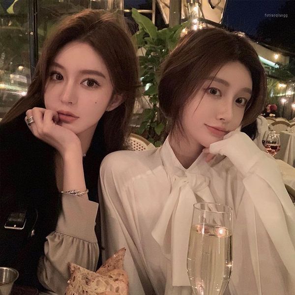 

women's jackets 2021 winter drape ribbon stand collar court style shirt long sleeve design niche french top, Black;brown