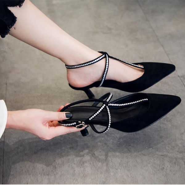 

crystal t-strap gladiator sandals women pointed toe suede thin heels summer shoes elegant ladies sandalias 289, Black