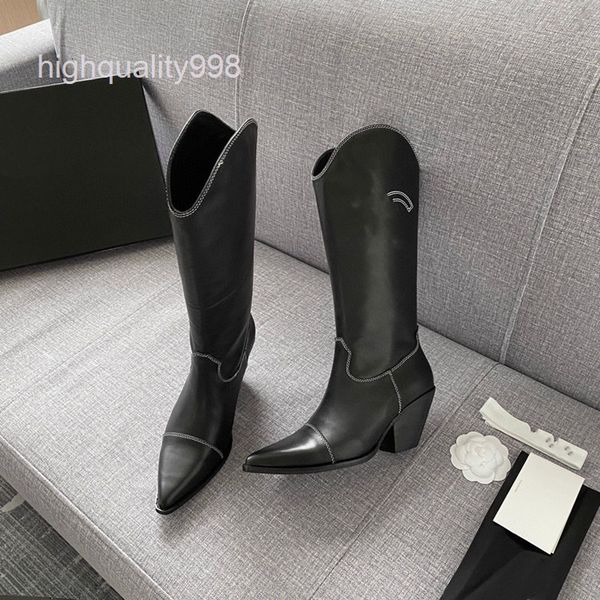 

boots high end quality pointed boots women's leather medium tube cowboy high knee british knight, Black