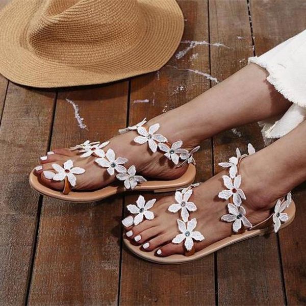 

sandals yuke women summer slip-on flowers decoratio beach style female flats shoes bohemian casual plus size lady sandal, Black
