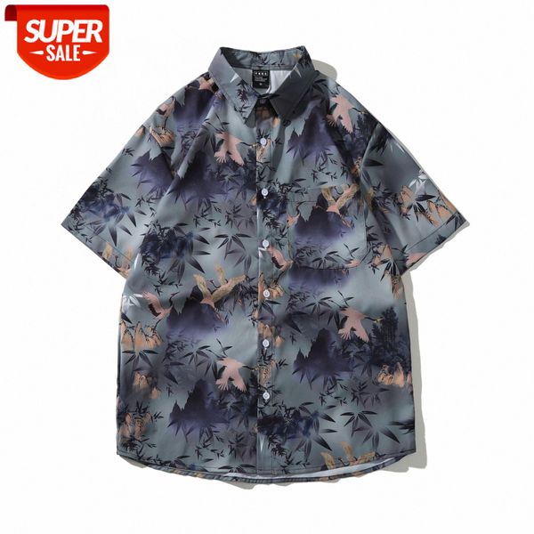 

flow vintage retro bamboo forest crane flower shirt male loose port style couple half-sleeved #h49z, White;black