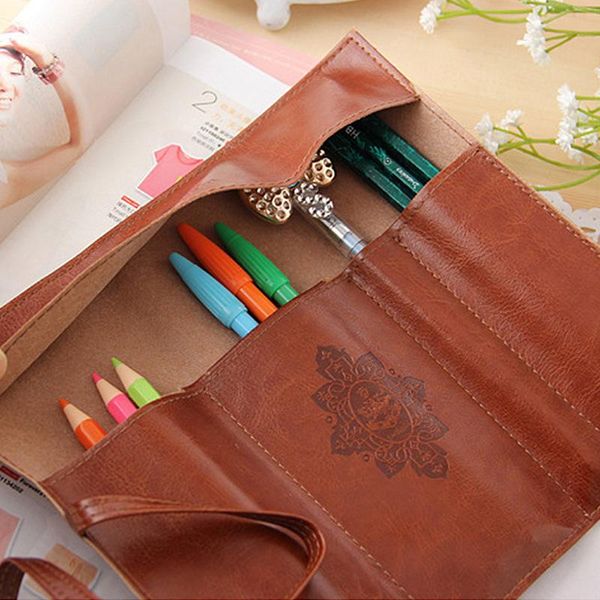 

pencil bags high-class vintage synthetic leather brown case pen storage pouch for gel stationery kids school supplies h6304