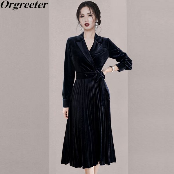 

gold velvet dress female notched collar suit outwear high-end ladies temperament slim lace-up wrap pleated es 210525, Black;gray