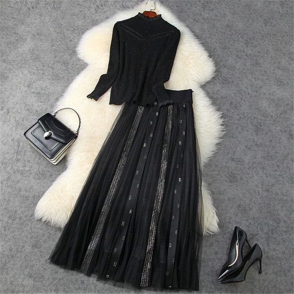 

girls'ensemble fashion winter elegant sleeves plied upper mesh and midi diamonds skirt suits, Black