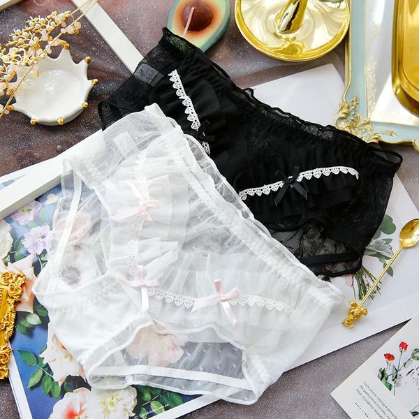 

women's panties black white pleated mesh medium waist young girl underwear transparent lace lingerie lolita kawaii briefs, Black;pink