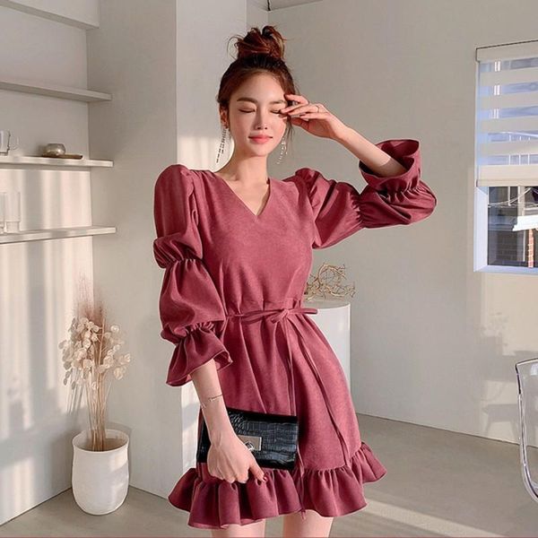 

spring autumn solid v neck puff sleeve ruffles hem fishtail dress women a line work slim chic casual dresses, Black;gray