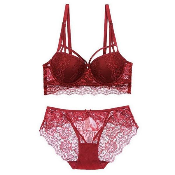 

bra set lace women's underwear with thickened small and gathered adjustable breast closure, Red;black
