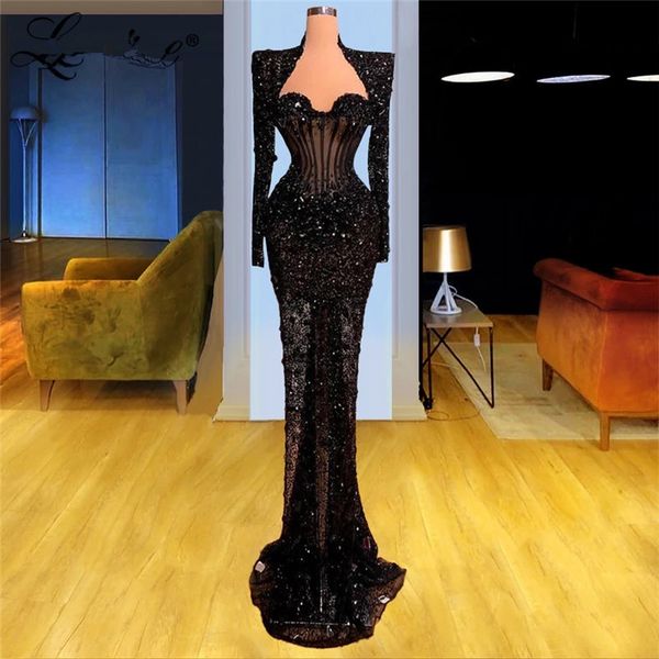 En yeni couture siyah boncuk resmi gece elbiseler Orta Doğu Uzun Kollu Denizkızı Parti Gowns Vestidos de Soiree