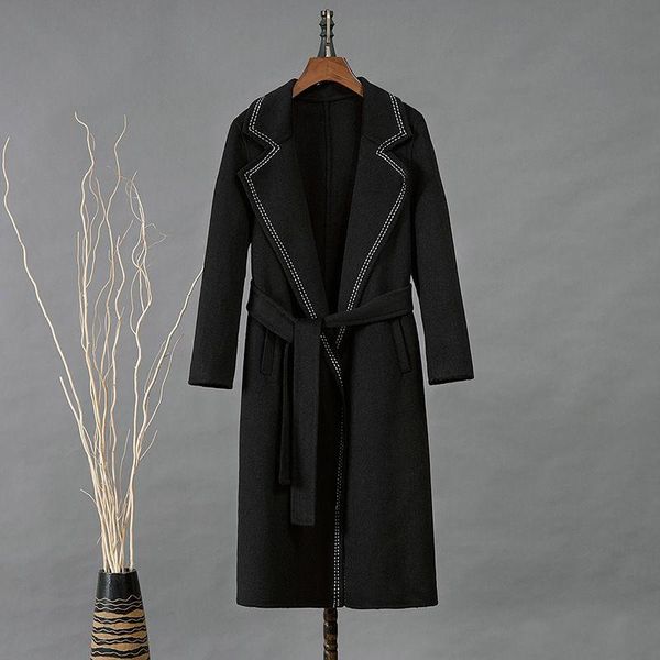 

women's wool & blends women 2021 autumn loose double-faced cashmere coats female belt jackets ladies long-sleeved woolen outerwear q522, Black