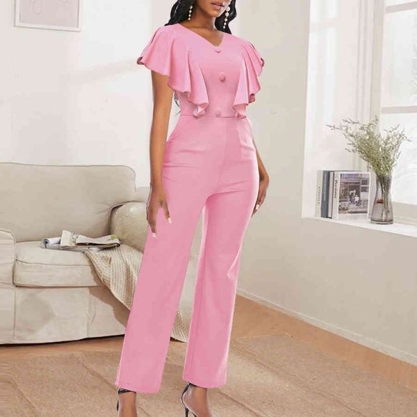 Mulheres Rosa Jumpsuits V Neck Button Up Ruffles Sleeve Lindo Plissado de Partido Comemore Ocasião do Evento Macacão Moda Moda Plus Size 210416