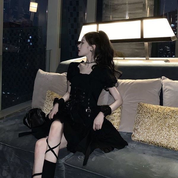 

japanese vintage harajuku elegant dark black dresses 2021 summer sweet lace up slim square collar puff sleeve dress female, Black;gray