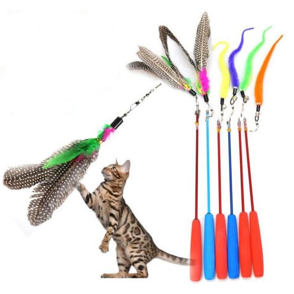 

funny feather spring kitten cat toy rod teaser play pet wand teasing with coloful interactive toys