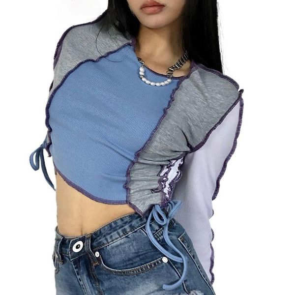 

round neck contrast color patchwork long-sleeve t-shirt personalized fashion street casual drawstring women's, White