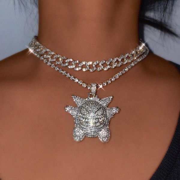 

chains punk iced out crystal demon elf pendant necklace for women men full rhinestone cuban tennis chain choker gothic jewelry, Silver