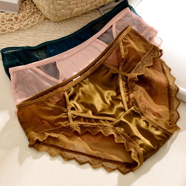

053 lace underwear women's low waist temptation ice mesh transparent briefs breathable cotton crotch, Black;pink