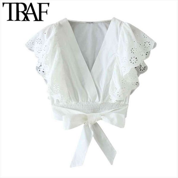 

sweet fashion hollow out embroidery women shirt cropped vintage ruffled bow tied female shirts blusas chic, White