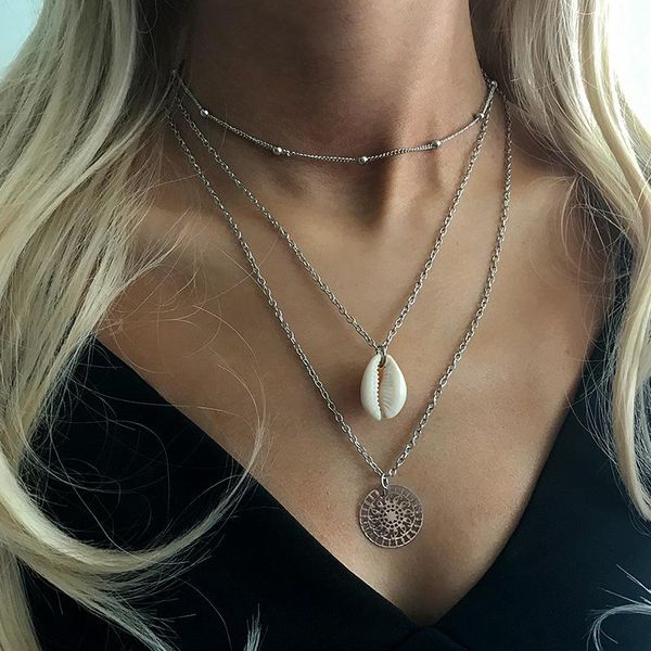 

pendant necklaces layered coin adjustable chain sea shell chokers jewelry for women and girls, Silver