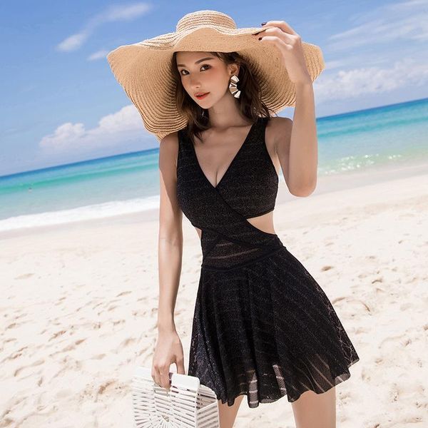 

korea swimsuit one piece trendy plus size swimwear with skirt for teens cute korean style bikini 2021 black cover one-piece suits