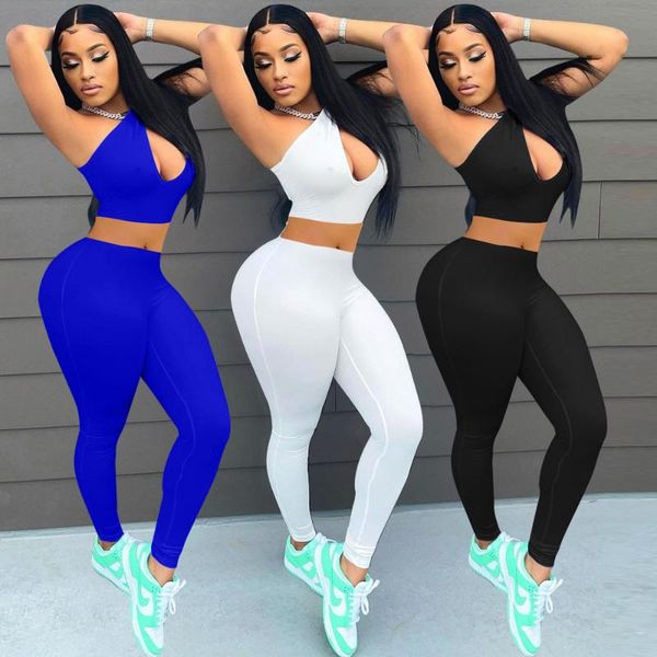 

women's tracksuits 2021 solid color sleeveless one-shoulder hip lift fashion two-piece suit, Gray