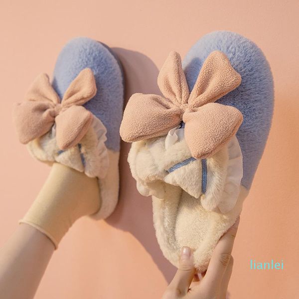 

slippers 2021 winter bowknot wool lovers home warm indoor furnishing foreign trade plush cotton women, Black