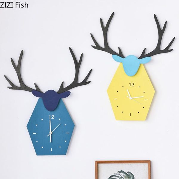

wall clocks nordic silent sweep needle pointer clock cartoon antlers simple hanging hands ornaments wooden timepiece home decor