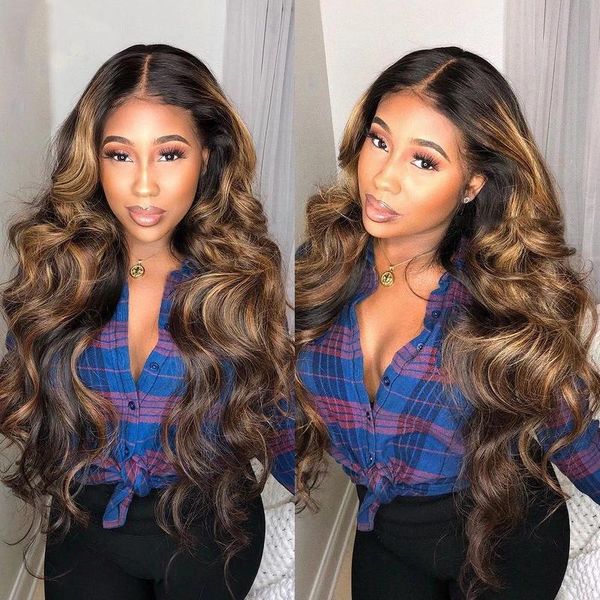 

long ombre brown highlight middle part soft remy wave 13x4/6 lace wig for black women with baby hair natural headlin glueless wigs, Black;brown
