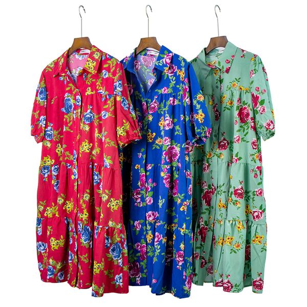 

printed four seasons short sleeve dress summer loose large size thin medium length skirt, Black;gray