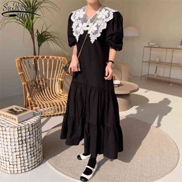 

early summer dress playful lace stitching women es big lapel loose bubble sleeves v-neck robe vintage 14302 210427, Black;gray