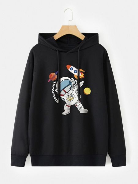 

men letter & astronaut print drop shoulder drawstring hoodie d7ka#, Black