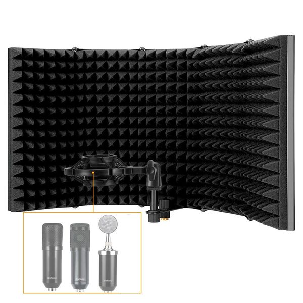 Mikrofon-Isolationsschild für Aufnahmestudio, 5-Panel-Windschutz, Pop-Filter, Mikrofon-absorbierende Schaumstoff-Schutzplatte mit Stoßdämpferhalterung